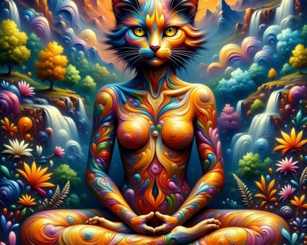 Surreal Artwork of a Cat-Headed Figure Meditating
