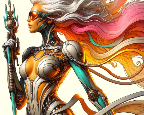 Futuristic humanoid figure with organic and robotic traits