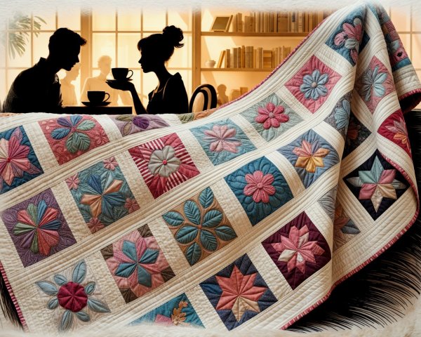Quilt with Floral Patterns and Café Setting Description