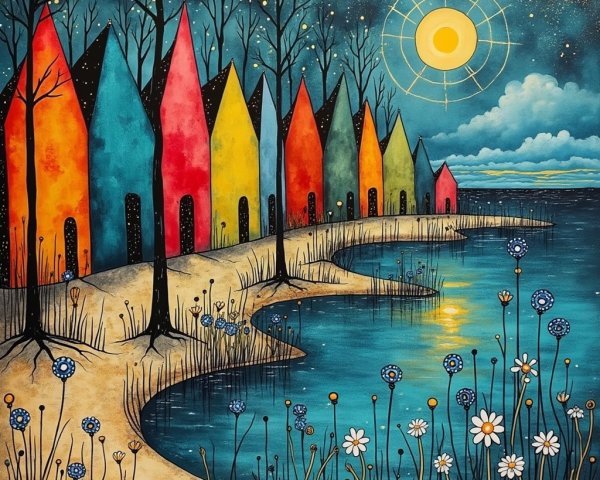 Whimsical Landscape with Colorful Houses and Shoreline