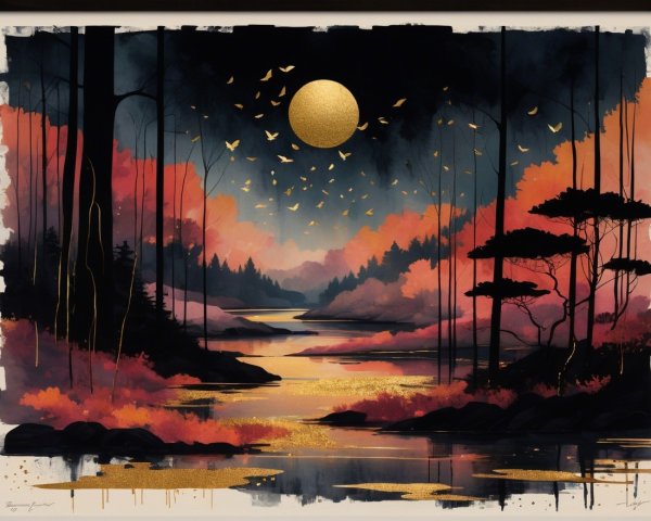Tranquil River Landscape Under a Golden Moon