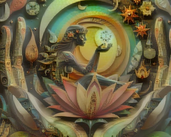 Serene figure with floral and celestial motifs