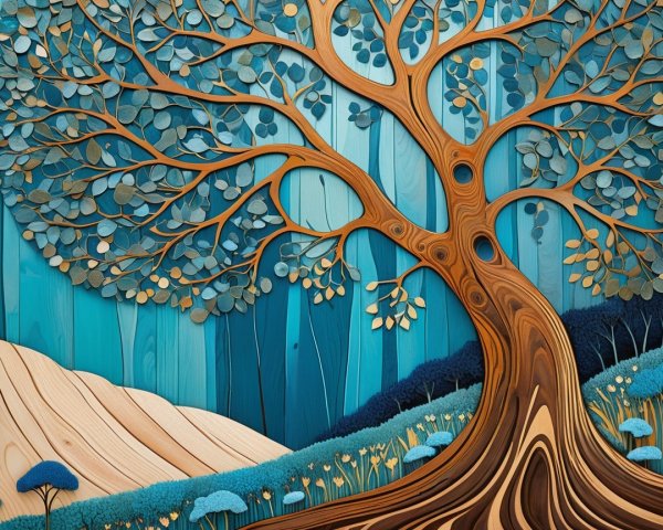 Layered Wood and Paper Tree in Serene Landscape