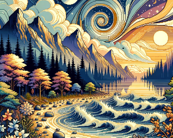 Vibrant Pixel Art Landscape with Mountains and River