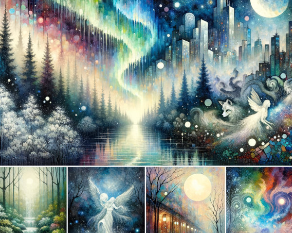 Vibrant Night Sky with Ethereal Beings and Cityscape