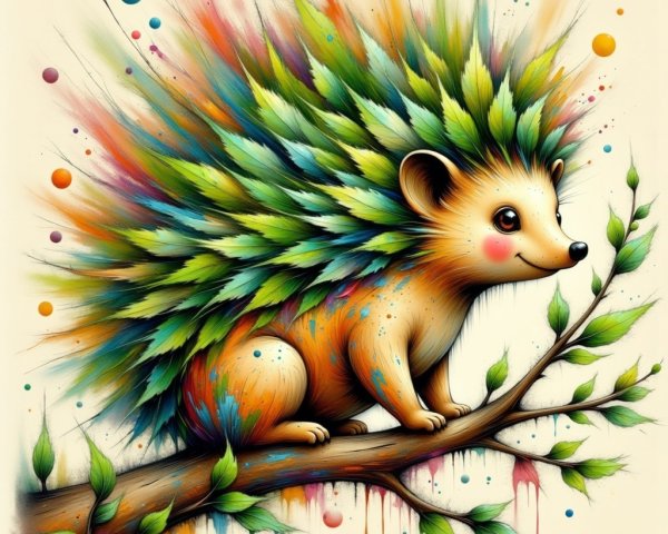 Whimsical Hedgehog on Branch with Colorful Foliage