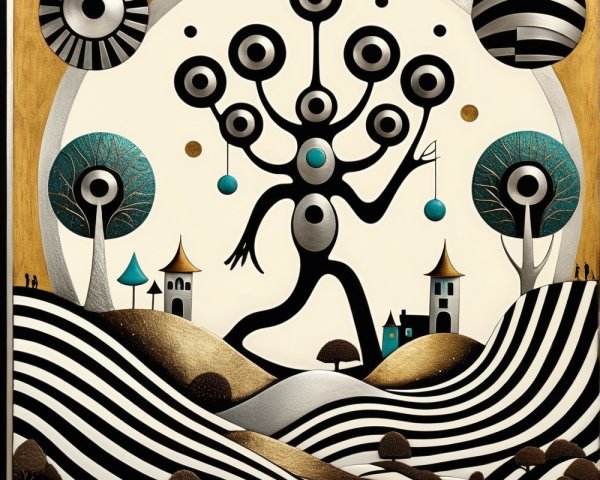 Abstract scene with whimsical tree figure and hills