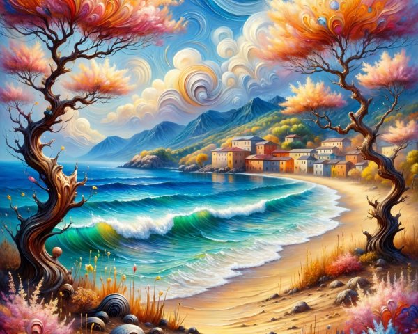 Vibrant Beach Landscape with Whimsical Trees and Homes