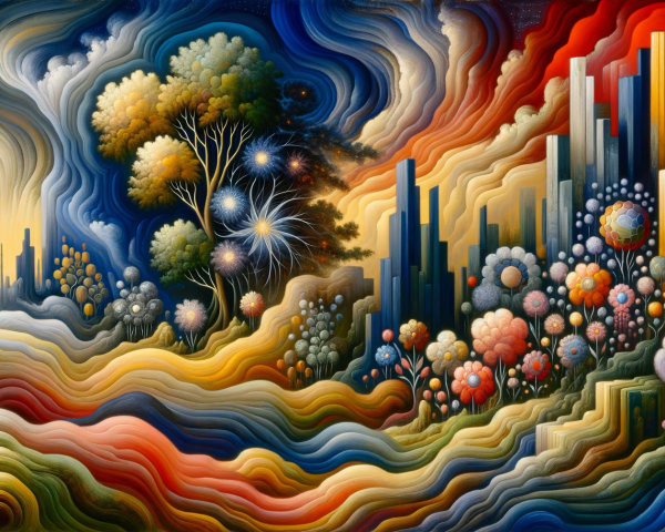 Surreal Landscape with Vibrant Colors and Forms