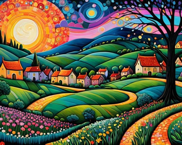 Vibrant Landscape with Colorful Sunset and Cottages
