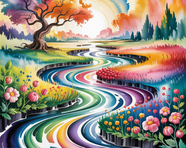Vibrant landscape with rainbow river and autumn tree