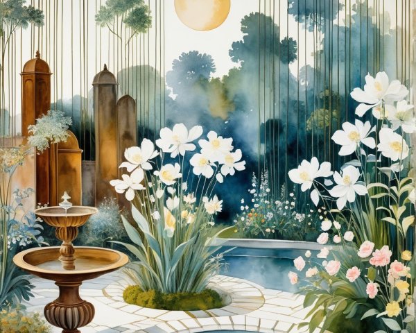 Serene garden with tranquil pool and vibrant flowers