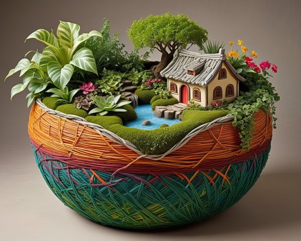 Oversized Bowl with Miniature Garden Scene and Cottage