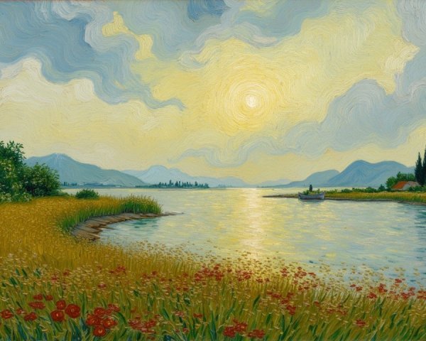 Serene Landscape with River and Wildflower Fields