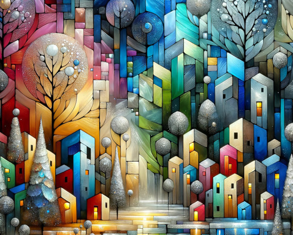 Abstract Landscape with Colorful Houses and Trees