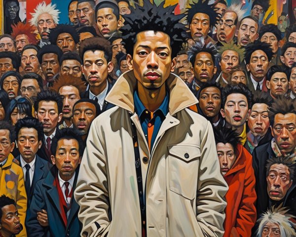 Central figure in beige coat among diverse crowd