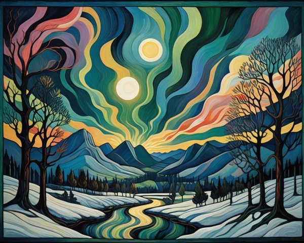Vibrant Landscape with Dual Suns and Serene Valley