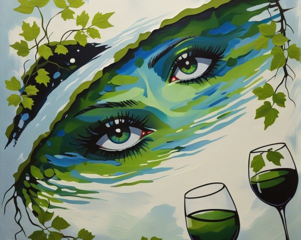 Vibrant Artwork with Green Eyes and Nature Elements