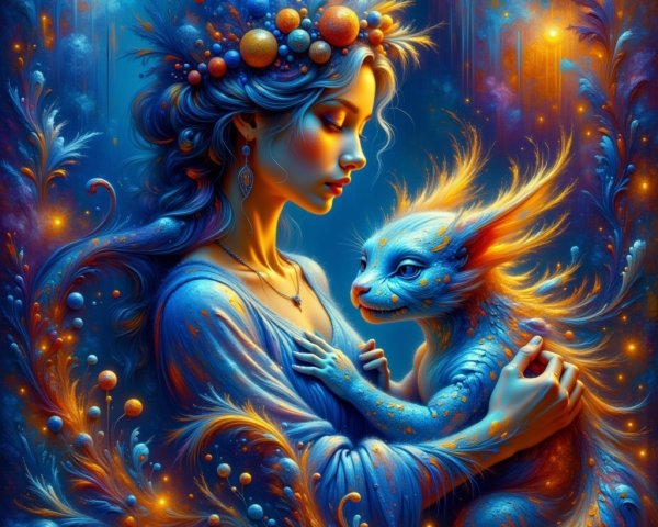Mystical Scene of Woman and Fiery Creature Embracing
