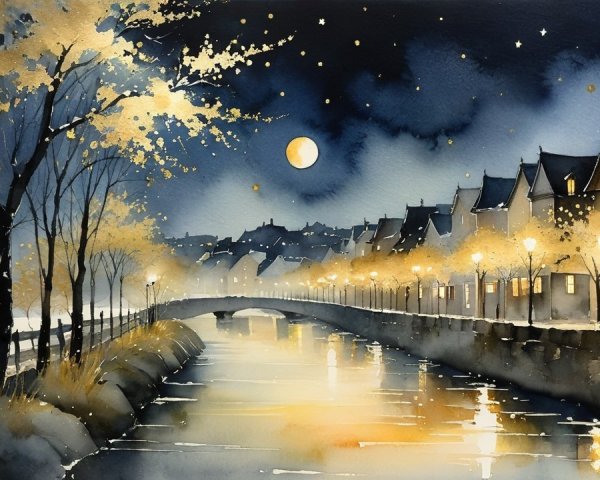 Serene Nighttime Canal Scene with Moonlit Sky