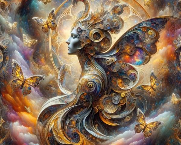 Ethereal Figure Surrounded by Cosmic Butterflies and Galaxies