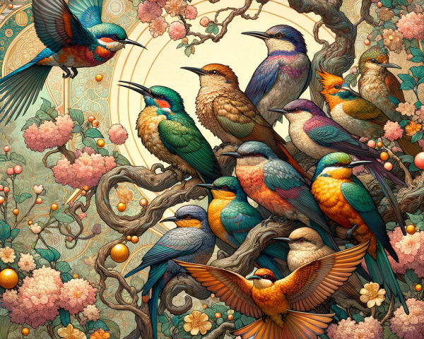 Colorful Birds on Branch with Pink Blossoms Illustration