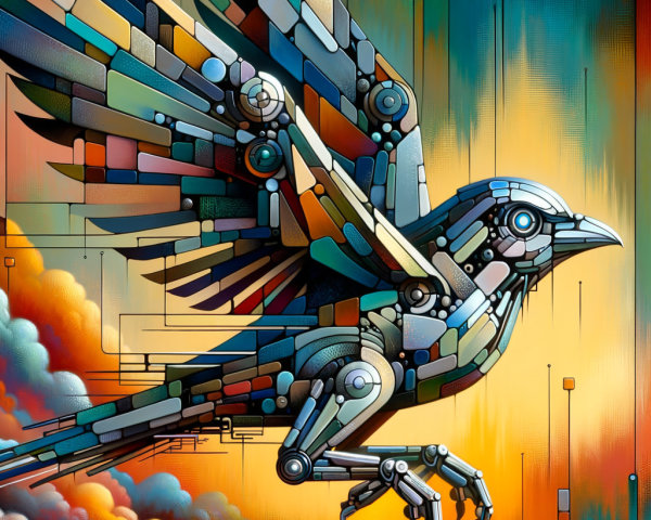 Vibrant Metallic Bird with Geometric Shapes and Clouds