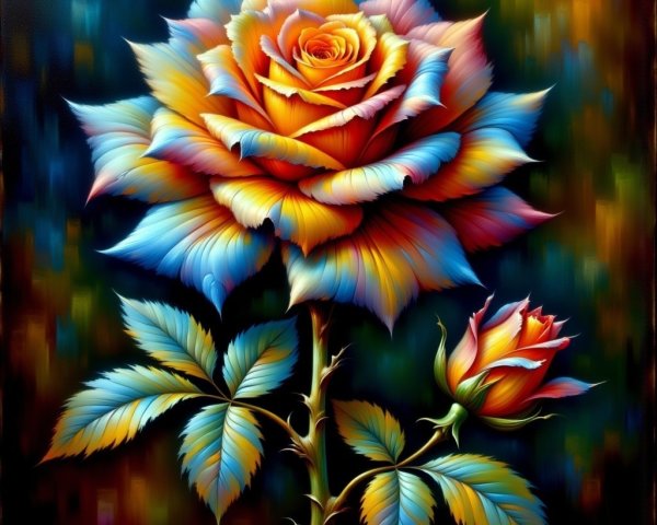 Multicolored rose with intricate petals and green leaves
