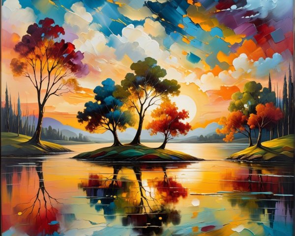 Vibrant Sunset Over a Tranquil Lake Landscape