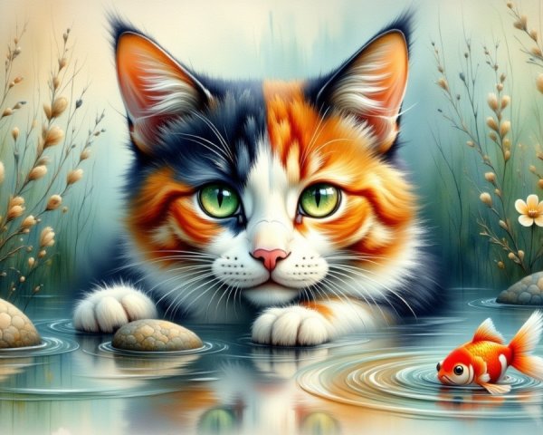Calico Cat Observing Goldfish in Serene Pond