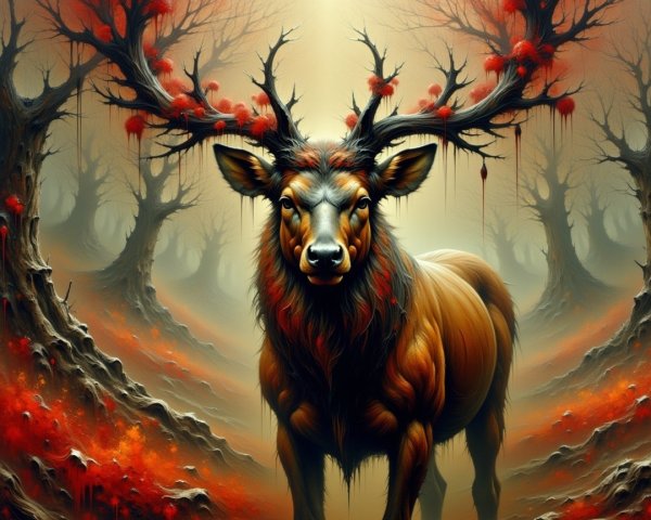 Majestic Stag in a Surreal Misty Forest Scene