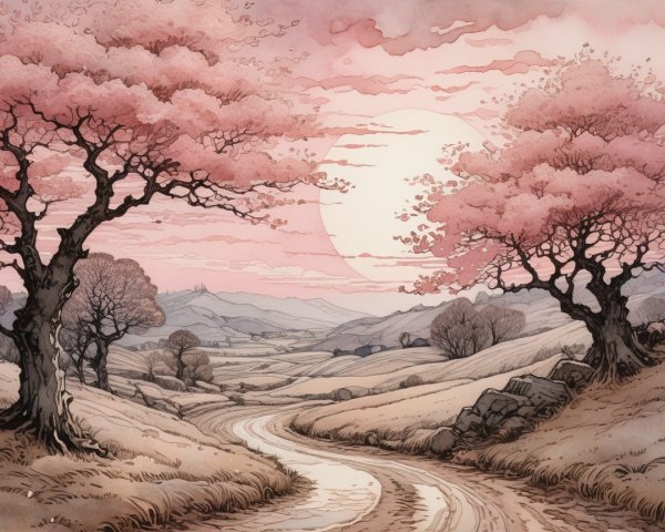 Serene Landscape with Cherry Blossoms at Sunset