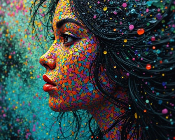 Portrait of a woman with vibrant mosaic patterns