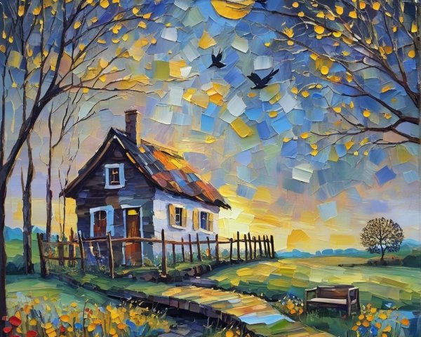 Charming Countryside Scene with Autumn Foliage and House