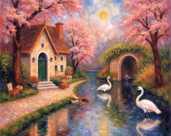 Cottage by Cherry Blossoms and Serene River Scene