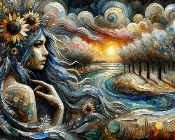 Colorful Landscape with River and Ethereal Figure