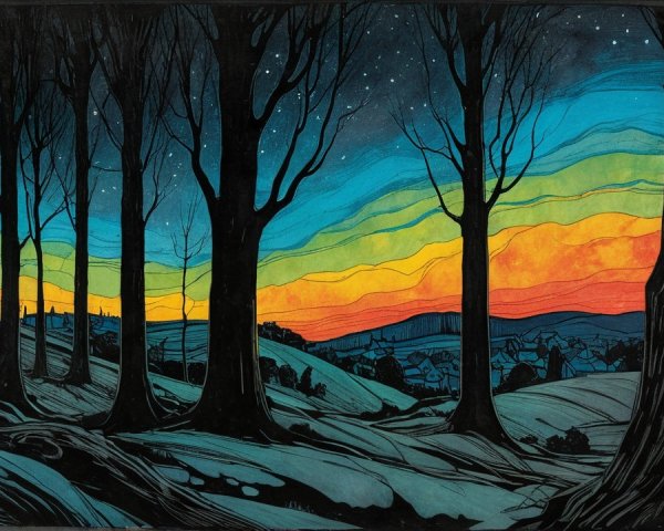 Twilight Landscape with Silhouetted Trees and Sunset