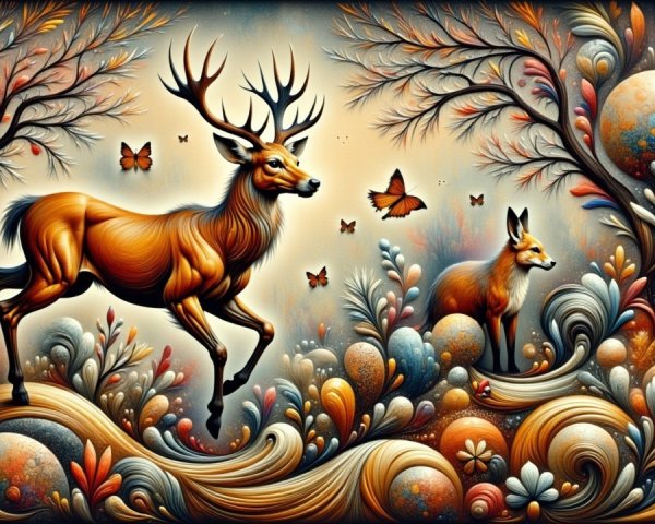 Majestic Deer and Playful Fox in Colorful Foliage