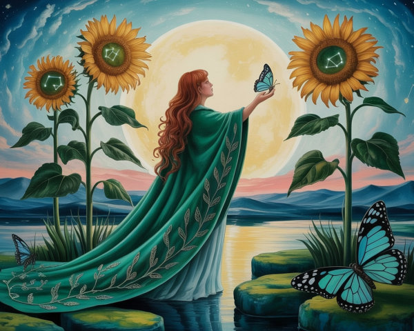 Woman in Green Cloak by Moonlit Lake with Butterflies