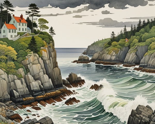 Coastal Scene with Cliffs, House, and Ocean Waves