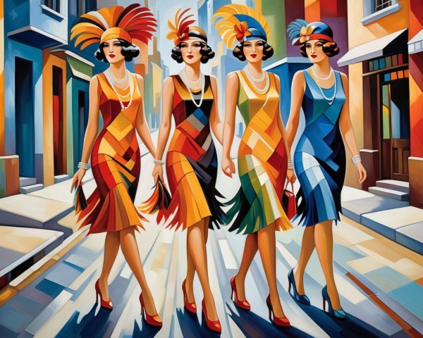Elegant Women in Colorful Flapper Dresses on Cobblestone Street