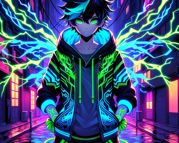 Stylized Character in Neon Alley with Futuristic Hoodie