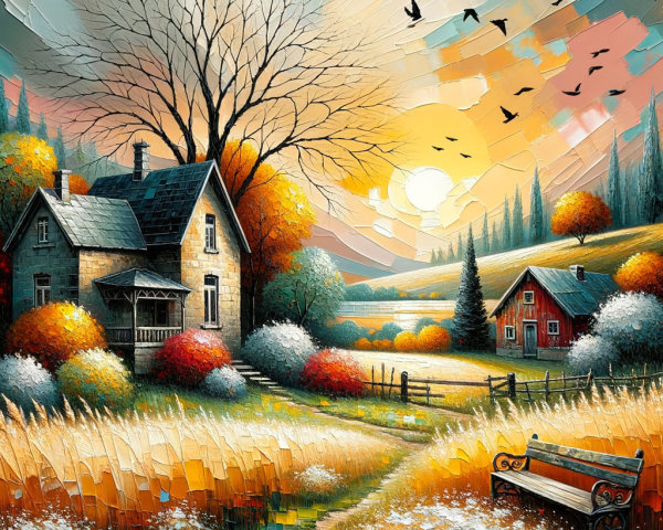 Autumn Landscape with House and Rustic Barn