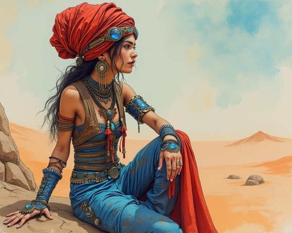 Woman in Vibrant Attire Against Desert Landscape