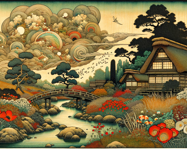 Traditional Japanese House by a Serene Stream