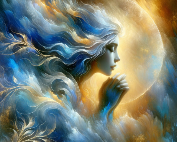 Ethereal Figure with Crescent Moon and Clouds