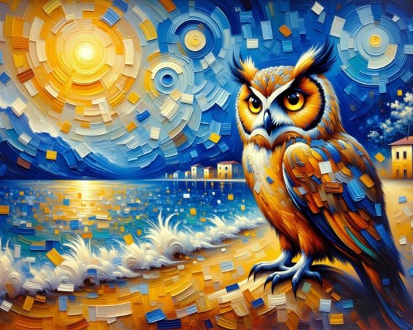 Impressionistic Owl on a Beach with Coastal Scene