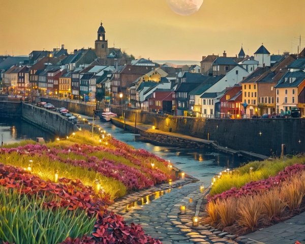 Serene Riverside Scene with Colorful Houses at Dusk