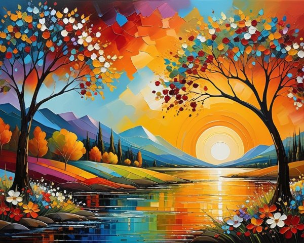 Vibrant landscape with trees, river, and sunset colors