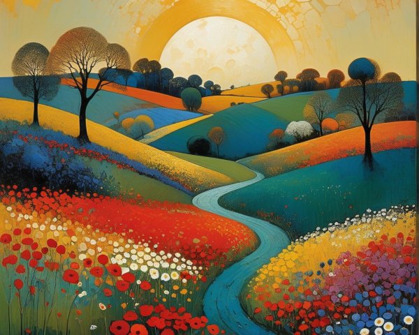 Vibrant Landscape with Colorful Flowers and River